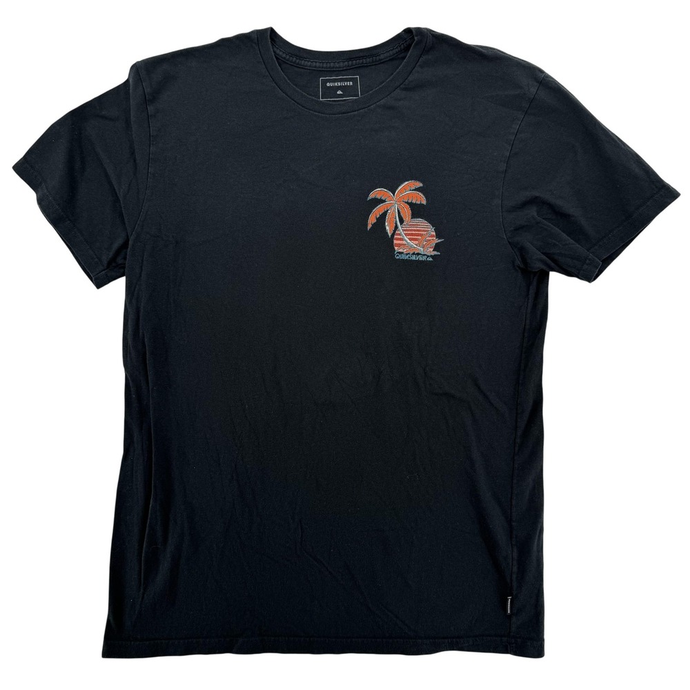 Quiksilver Shirt Mens Large Black Palm Tree Beach Sunset Graphic Tee Surfer